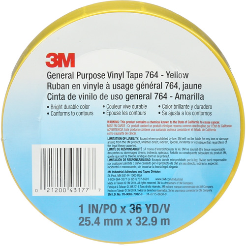 Ruban en vinyle pour travaux g&eacute;n&eacute;raux 764, 25,4 mm (1") la x 32,9 m (108') lo, 5 mils, Jaune Nia-Chem Ltd.