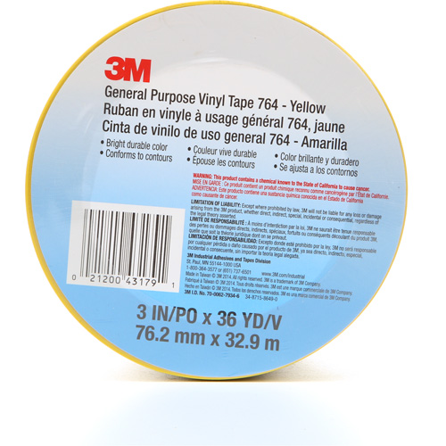 Ruban en vinyle pour travaux g&eacute;n&eacute;raux 764, 76 mm (3") la x 32,9 m (108') lo, 5 mils, Jaune Nia-Chem Ltd.