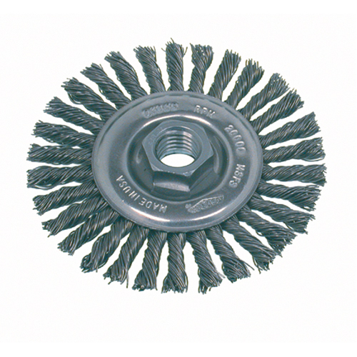 Brosse rotative &agrave; fils nou&eacute;s pour petites meuleuses haute vitesse, pour passe de fond, Dia. 4", Fils 0,02", Arbre 5/8"-11, Acier inoxydable Nia-Chem Ltd.