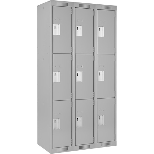 Clean Line Lockers, 3 -tier, Bank of 3, 36" x 18" x 72", Steel, Grey, Rivet (Assembled) Nia-Chem Ltd.