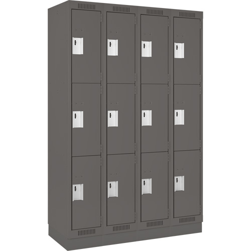 Clean Line Lockers, 3 -tier, Bank of 4, 48" x 18" x 76", Steel, Charcoal, Rivet (Assembled) Nia-Chem Ltd.