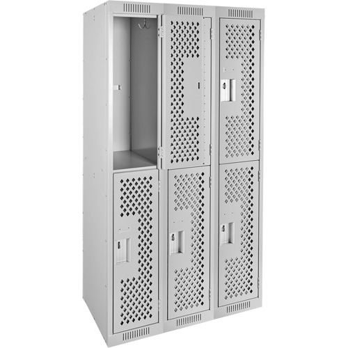 Clean Line Lockers, 2 -tier, Bank of 3, 36" x 12" x 72", Steel, Grey, Rivet (Assembled), Perforated Nia-Chem Ltd.