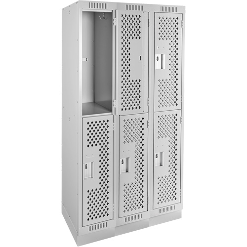 Clean Line Lockers, 2 -tier, Bank of 3, 36" x 15" x 76", Steel, Grey, Rivet (Assembled), Perforated Nia-Chem Ltd.