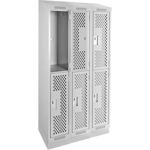 Clean Line Lockers, 2 -tier, Bank of 3, 36" x 12" x 82", Steel, Grey, Rivet (Assembled), Perforated Nia-Chem Ltd.