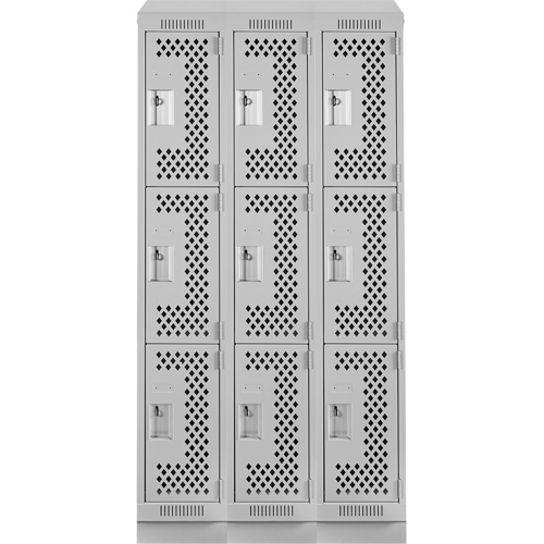 Clean Line Lockers, 3 -tier, Bank of 3, 36" x 18" x 82", Steel, Grey, Rivet (Assembled), Perforated Nia-Chem Ltd.