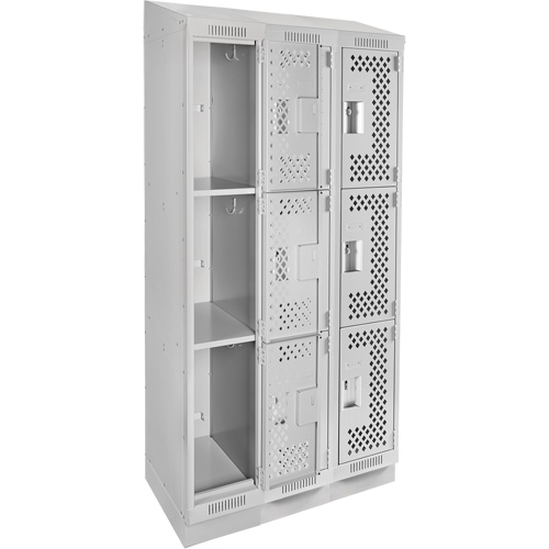 Clean Line Lockers, 3 -tier, Bank of 3, 36" x 18" x 82", Steel, Grey, Rivet (Assembled), Perforated Nia-Chem Ltd.
