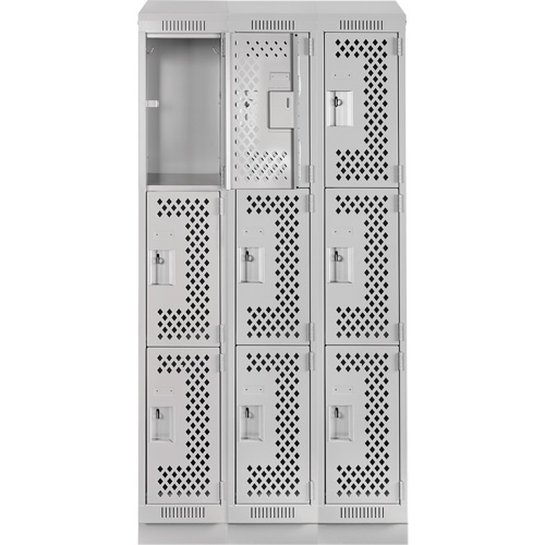 Clean Line Lockers, 3 -tier, Bank of 3, 36" x 18" x 82", Steel, Grey, Rivet (Assembled), Perforated Nia-Chem Ltd.