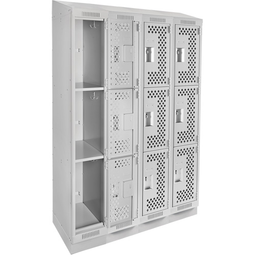Clean Line Lockers, 3 -tier, Bank of 4, 48" x 18" x 82", Steel, Grey, Rivet (Assembled), Perforated Nia-Chem Ltd.