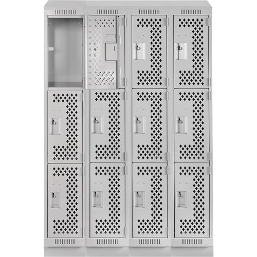 Clean Line Lockers, 3 -tier, Bank of 4, 48" x 18" x 82", Steel, Grey, Rivet (Assembled), Perforated Nia-Chem Ltd.