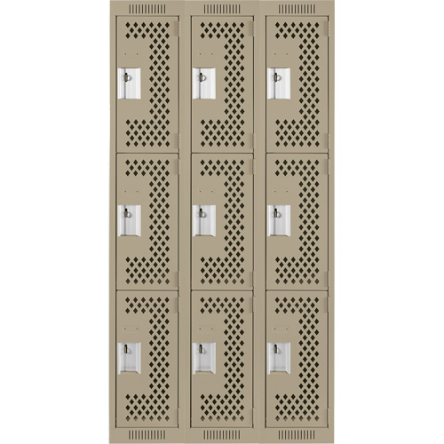 Clean Line Lockers, 3 -tier, Bank of 3, 36" x 12" x 72", Steel, Beige, Rivet (Assembled), Perforated Nia-Chem Ltd.