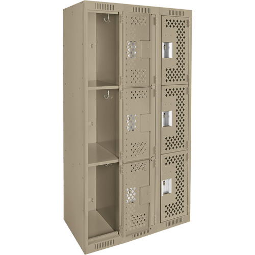Clean Line Lockers, 3 -tier, Bank of 3, 36" x 12" x 72", Steel, Beige, Rivet (Assembled), Perforated Nia-Chem Ltd.