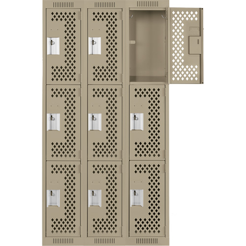 Clean Line Lockers, 3 -tier, Bank of 3, 36" x 12" x 72", Steel, Beige, Rivet (Assembled), Perforated Nia-Chem Ltd.