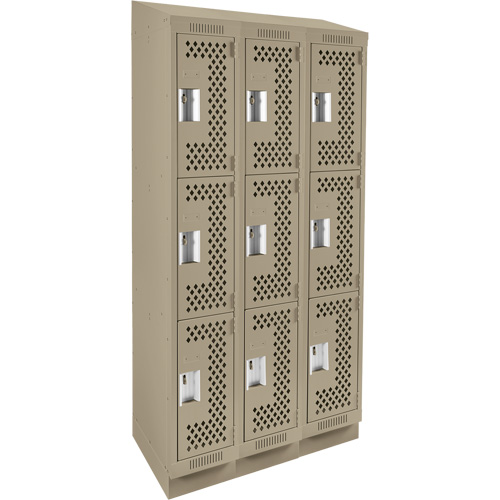 Clean Line Lockers, 3 -tier, Bank of 3, 36" x 18" x 82", Steel, Beige, Rivet (Assembled), Perforated Nia-Chem Ltd.