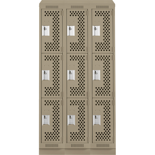 Clean Line Lockers, 3 -tier, Bank of 3, 36" x 18" x 82", Steel, Beige, Rivet (Assembled), Perforated Nia-Chem Ltd.