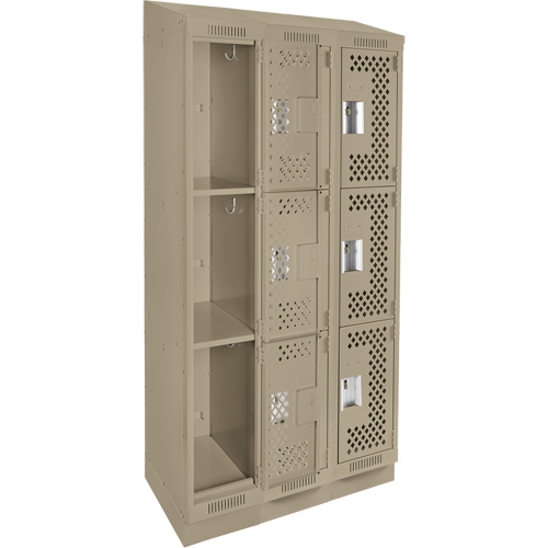 Clean Line Lockers, 3 -tier, Bank of 3, 36" x 18" x 82", Steel, Beige, Rivet (Assembled), Perforated Nia-Chem Ltd.