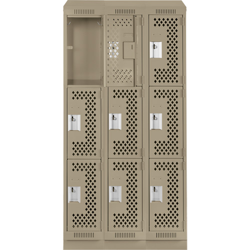 Clean Line Lockers, 3 -tier, Bank of 3, 36" x 18" x 82", Steel, Beige, Rivet (Assembled), Perforated Nia-Chem Ltd.