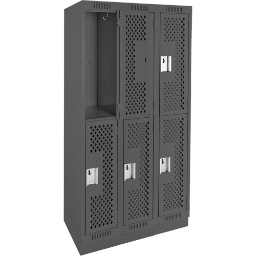 Clean Line Lockers, 2 -tier, Bank of 3, 36" x 15" x 76", Steel, Charcoal, Rivet (Assembled), Perforated Nia-Chem Ltd.