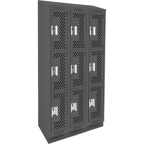 Clean Line Lockers, 3 -tier, Bank of 3, 36" x 18" x 82", Steel, Charcoal, Rivet (Assembled), Perforated Nia-Chem Ltd.