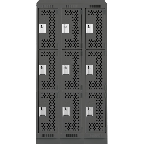 Clean Line Lockers, 3 -tier, Bank of 3, 36" x 18" x 82", Steel, Charcoal, Rivet (Assembled), Perforated Nia-Chem Ltd.