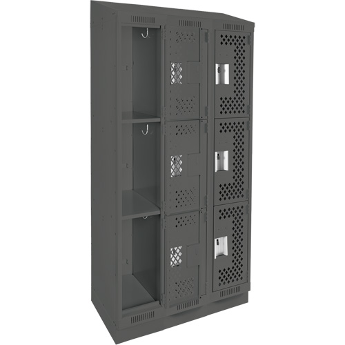 Clean Line Lockers, 3 -tier, Bank of 3, 36" x 18" x 82", Steel, Charcoal, Rivet (Assembled), Perforated Nia-Chem Ltd.