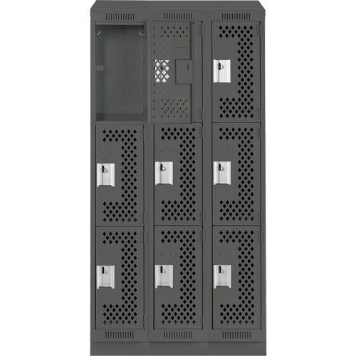 Clean Line Lockers, 3 -tier, Bank of 3, 36" x 18" x 82", Steel, Charcoal, Rivet (Assembled), Perforated Nia-Chem Ltd.