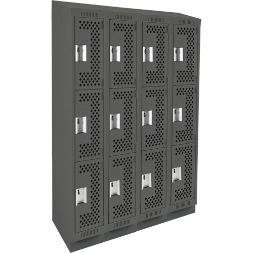 Clean Line Lockers, 3 -tier, Bank of 4, 48" x 18" x 82", Steel, Charcoal, Rivet (Assembled), Perforated Nia-Chem Ltd.
