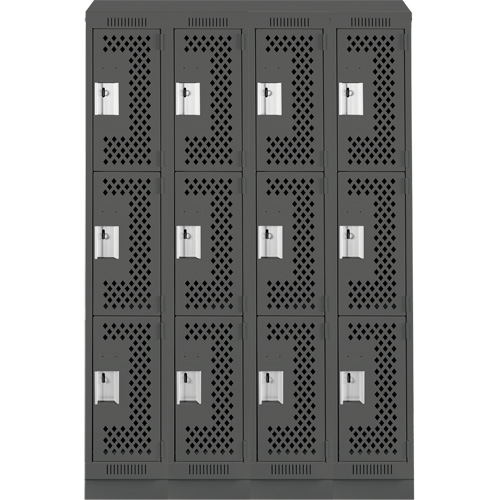 Clean Line Lockers, 3 -tier, Bank of 4, 48" x 18" x 82", Steel, Charcoal, Rivet (Assembled), Perforated Nia-Chem Ltd.