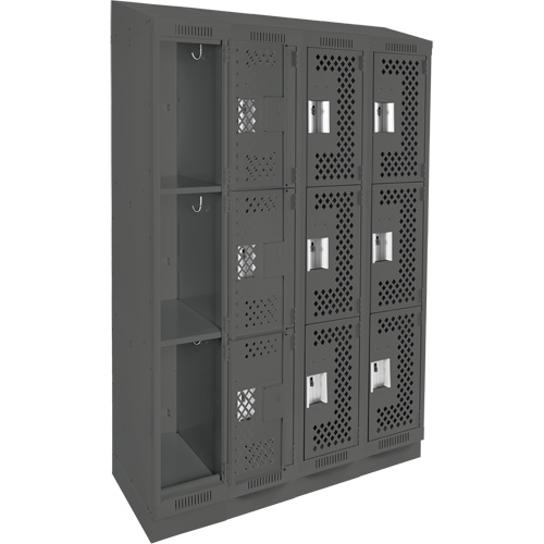 Clean Line Lockers, 3 -tier, Bank of 4, 48" x 18" x 82", Steel, Charcoal, Rivet (Assembled), Perforated Nia-Chem Ltd.