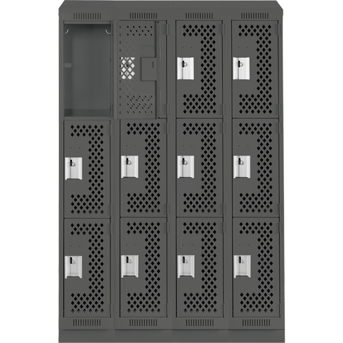 Clean Line Lockers, 3 -tier, Bank of 4, 48" x 18" x 82", Steel, Charcoal, Rivet (Assembled), Perforated Nia-Chem Ltd.