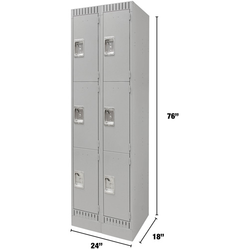 Lockers, 3 -tier, Bank of 2, 24" x 18" x 76", Steel, Grey, Knocked Down Nia-Chem Ltd.