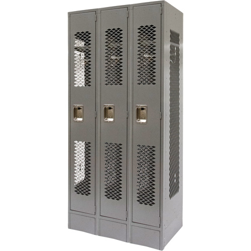 Vented Lockers, Bank of 3, 36 x 18" x 78", Steel, Grey, Knocked Down, Perforated Nia-Chem Ltd.