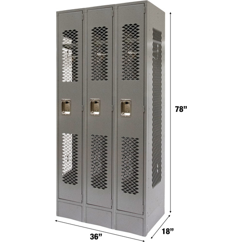 Vented Lockers, Bank of 3, 36 x 18" x 78", Steel, Grey, Knocked Down, Perforated Nia-Chem Ltd.