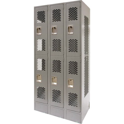 Vented Lockers, 2 -tier, Bank of 3, 36 x 18" x 78", Steel, Grey, Knocked Down, Perforated Nia-Chem Ltd.
