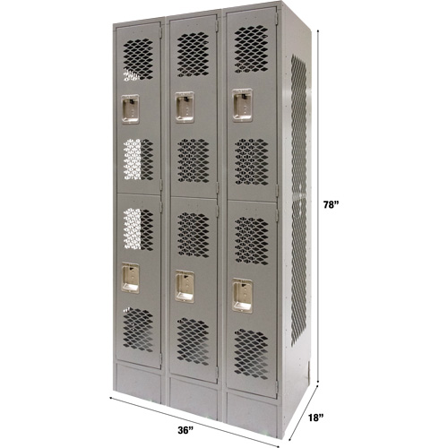 Vented Lockers, 2 -tier, Bank of 3, 36 x 18" x 78", Steel, Grey, Knocked Down, Perforated Nia-Chem Ltd.