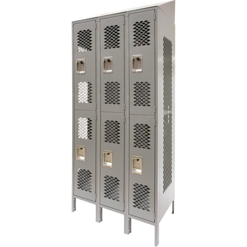 Vented Lockers, 2 -tier, Bank of 3, 36 x 18" x 88", Steel, Grey, Knocked Down, Perforated Nia-Chem Ltd.
