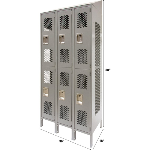 Vented Lockers, 2 -tier, Bank of 3, 36 x 18" x 88", Steel, Grey, Knocked Down, Perforated Nia-Chem Ltd.