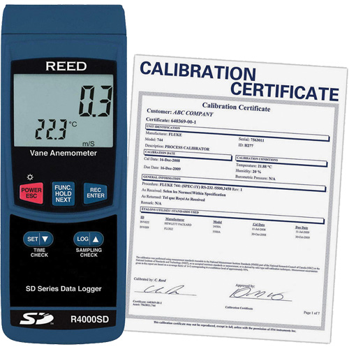 Thermo-an&eacute;mom&egrave;tre avec certificat de calibration, Enregistrement des donn&eacute;es, Gamme de v&eacute;locit&eacute; d'air de 0,4 - 30 m/sec Nia-Chem Ltd.