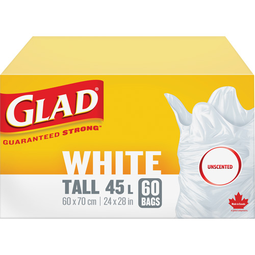 Tall 45L Unscented Garbage Bags, Regular, 24" W x 28" L, White Nia-Chem Ltd.