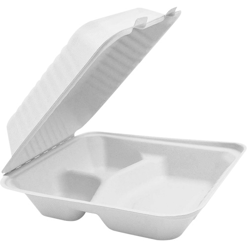 Contenants &agrave; charni&egrave;re pour nourriture compostable avec compartiments, Bagasse, Carr&eacute;e Nia-Chem Ltd.