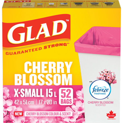 Glad&reg; Cherry Blossom Coloured & Scented Bags, Strong, 17" W x 20" L, Pink, 15 L (3.96 Gal.) Capacity Nia-Chem Ltd.