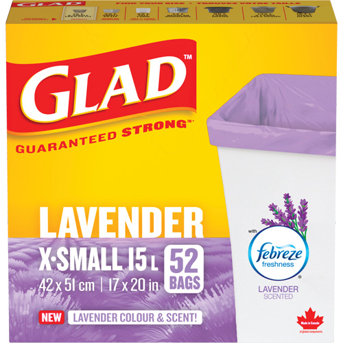 Glad&reg; Lavender Coloured & Scented Bags, Strong, 17" W x 20" L, Purple, 15 L (3.96 Gal.) Capacity Nia-Chem Ltd.