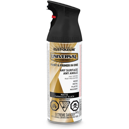 Peinture-&eacute;mail et couche de fond Universal, Noir fermette, Mat, Canette a&eacute;rosol Nia-Chem Ltd.