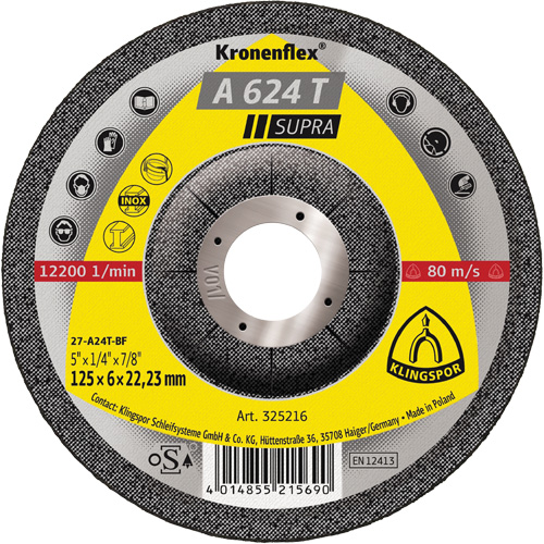 A 624 T Supra Kronenflex&reg; Grinding Disc, 5" x 1/4", 7/8" Arbor Nia-Chem Ltd.