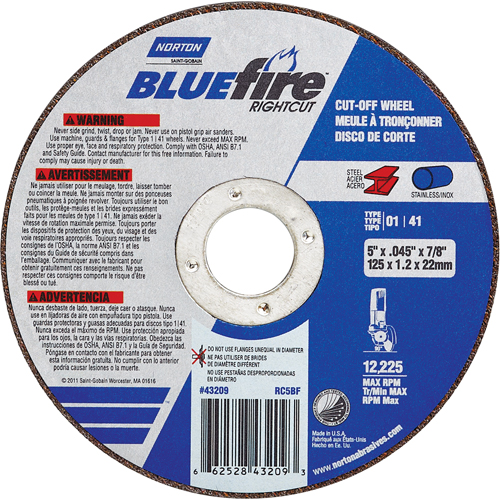 BlueFire&reg; Cut-off Wheel, 4-1/2" x 0.045"/1/16", 7/8" Arbor, Type 01/41, Aluminum Oxide/Zirconium, 13580 RPM Nia-Chem Ltd.