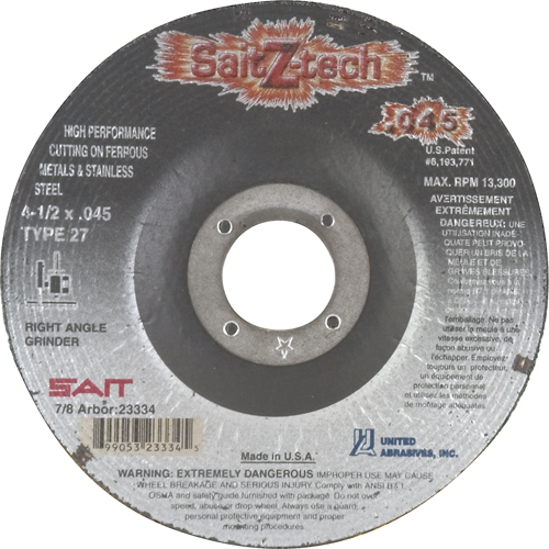 Cutting Wheel Z-Tech, 4-1/2" x 0.045", 7/8" Arbor, Type 27, Zirconium, 13300 RPM Nia-Chem Ltd.
