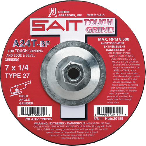 Meule A24T Tough Grind, 4-1/2" x 1/4", Arbre 7/8", Oxyde d'aluminium, Type 27 Nia-Chem Ltd.