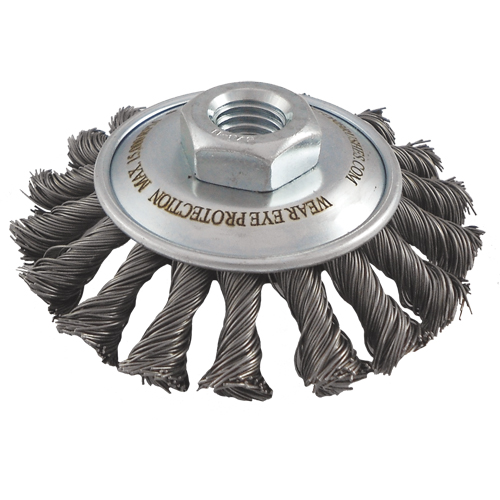 Knotted Wire Wheel Saucer Brushes, 5" Dia., 0.02" Fill, 5/8"-11 Arbor, Steel Nia-Chem Ltd.