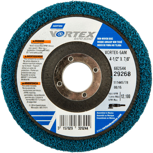 Vortex Non-Woven Disc, 4-1/2" Dia. x 1/2" W, 7/8" Arbor, Aluminum Oxide Nia-Chem Ltd.