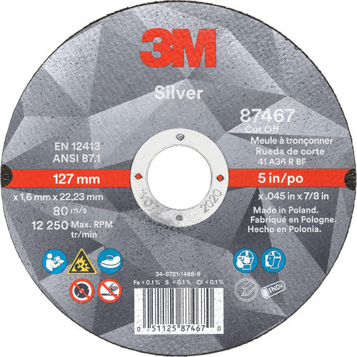 Silver Cut-Off Wheel, 5" x 0.045", 7/8" Arbor, Type 1, Ceramic, 12250 RPM Nia-Chem Ltd.