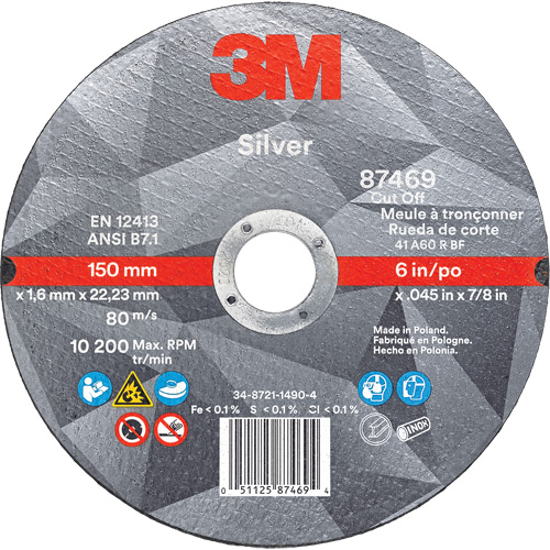 Silver Cut-Off Wheel, 6" x 0.045", 7/8" Arbor, Type 1, Ceramic, 10200 RPM Nia-Chem Ltd.